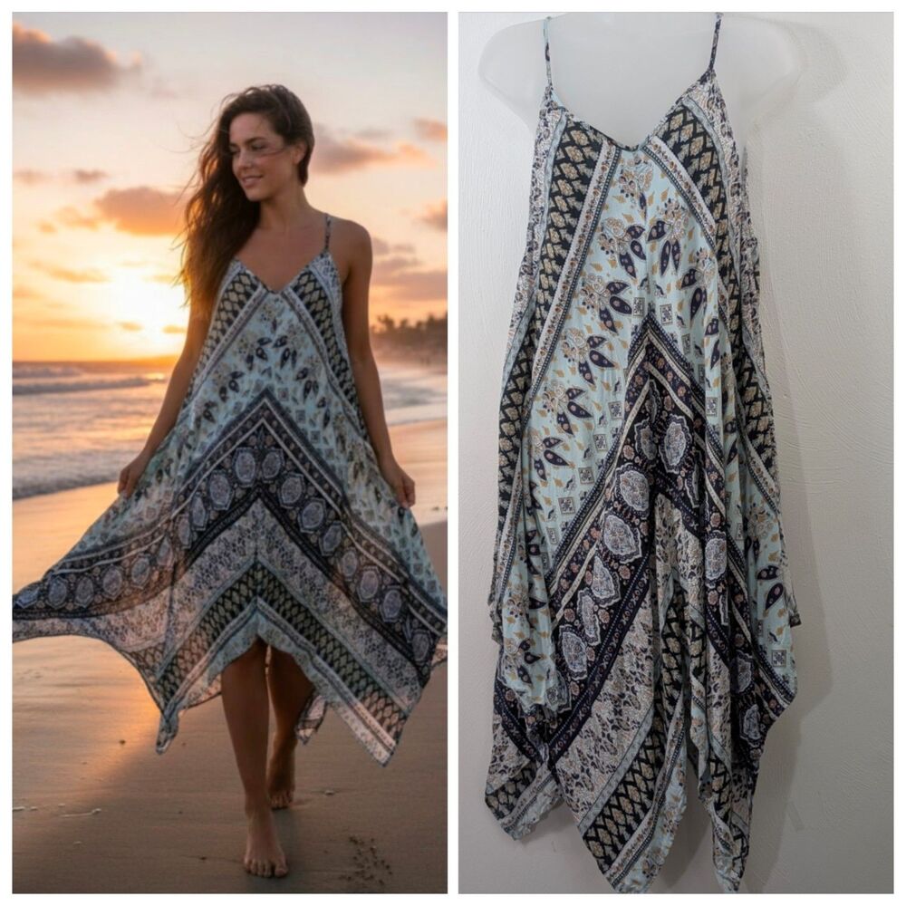 Handkerchief Hem Dress Medium Flowy Lightweight Festival Boho Prarie Tribal Vibe